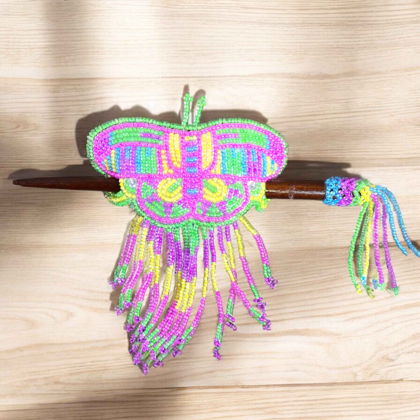 Pink and Green Wooden Stick Butterfly Beaded Barrette with Fringes