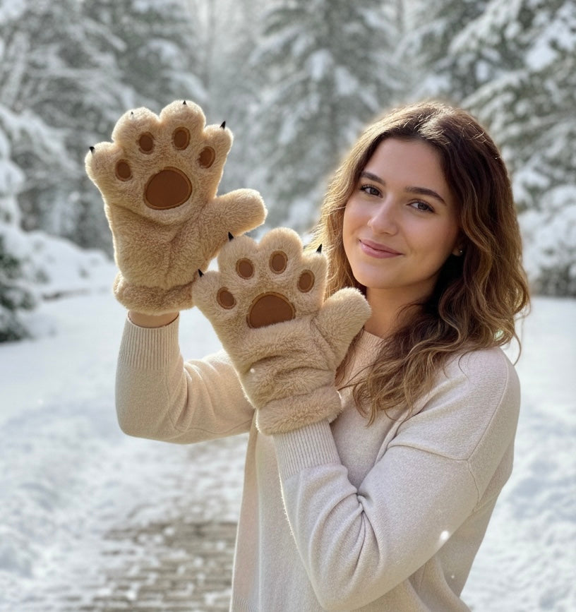 Brown Soft Plush Bear Paw Gloves