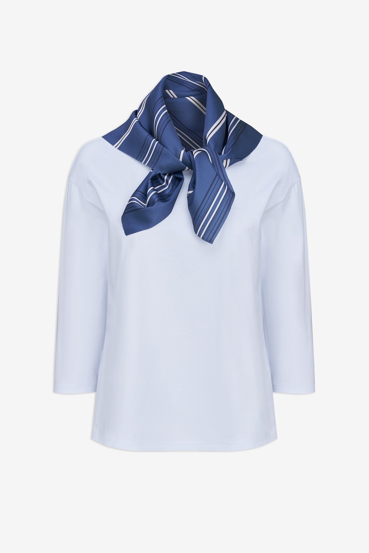 Women's Crew-Neck Top, 3/4 Sleeves & Removable Printed Satin Scarf