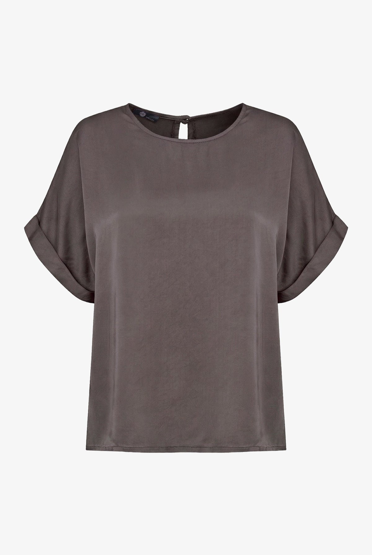 Women's Woven Crew-Neck Top, Short Cuffed Sleeves & Back Button