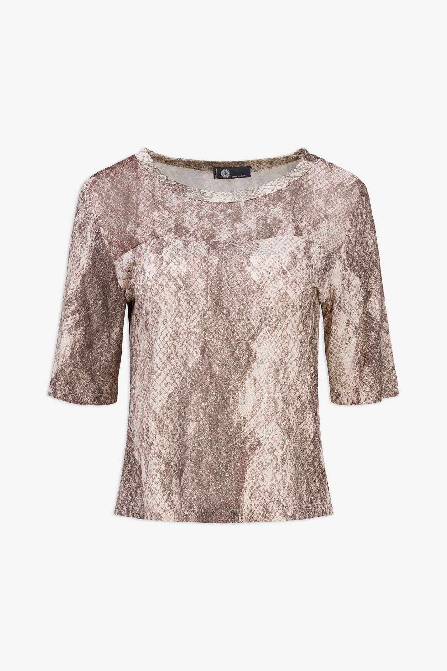 Women's Buttery-Soft Printed Knit Crew-Neck Top, with Elbow Length Sleeves & a Woven Sheer Crepe Front Yoke Detailing