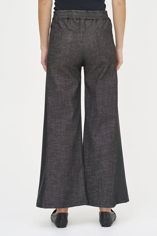 Women's Wide-Leg Pull-On Denim Pants with Faux Leather Side Trim