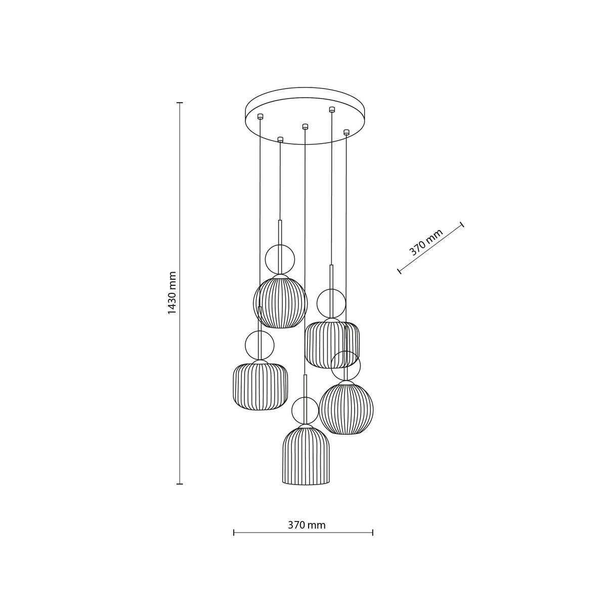 SOPHIA Cognac Ribbed Glass 5-Light Cluster Pendant for Dining, Living Room & Hallway