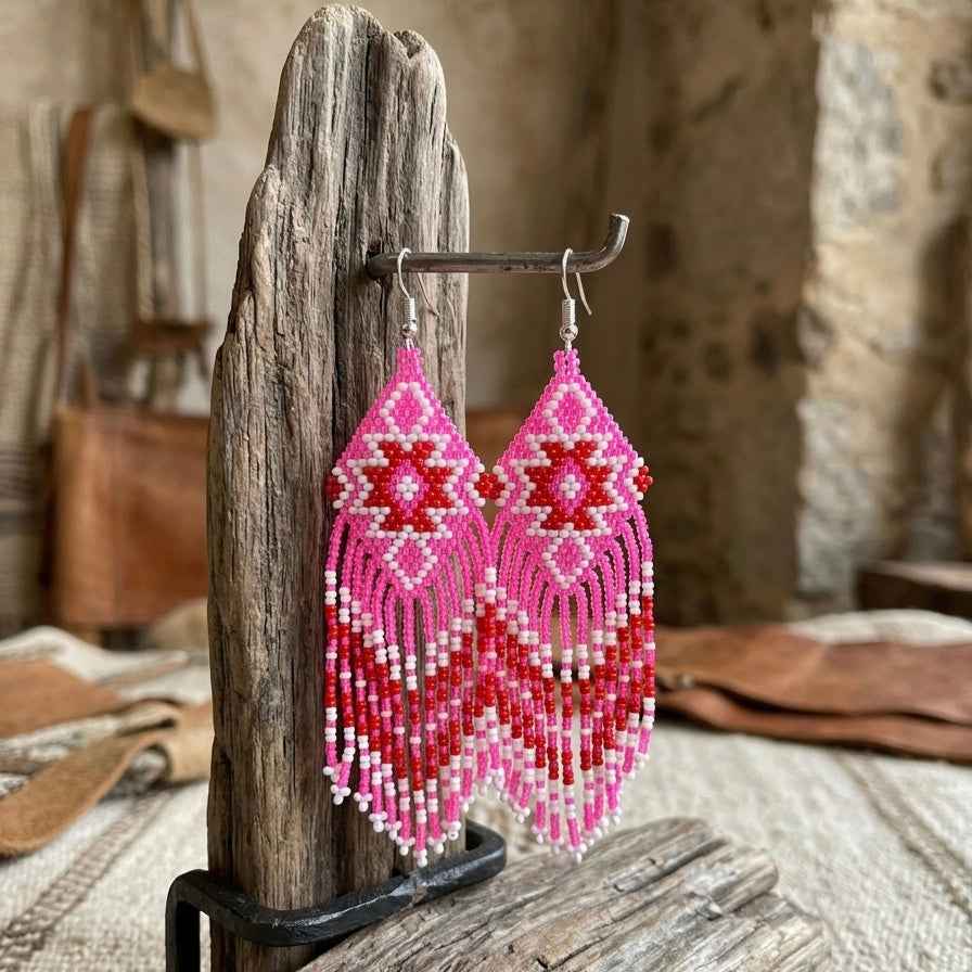 Fringe Bead Drop Earrings (Pink)