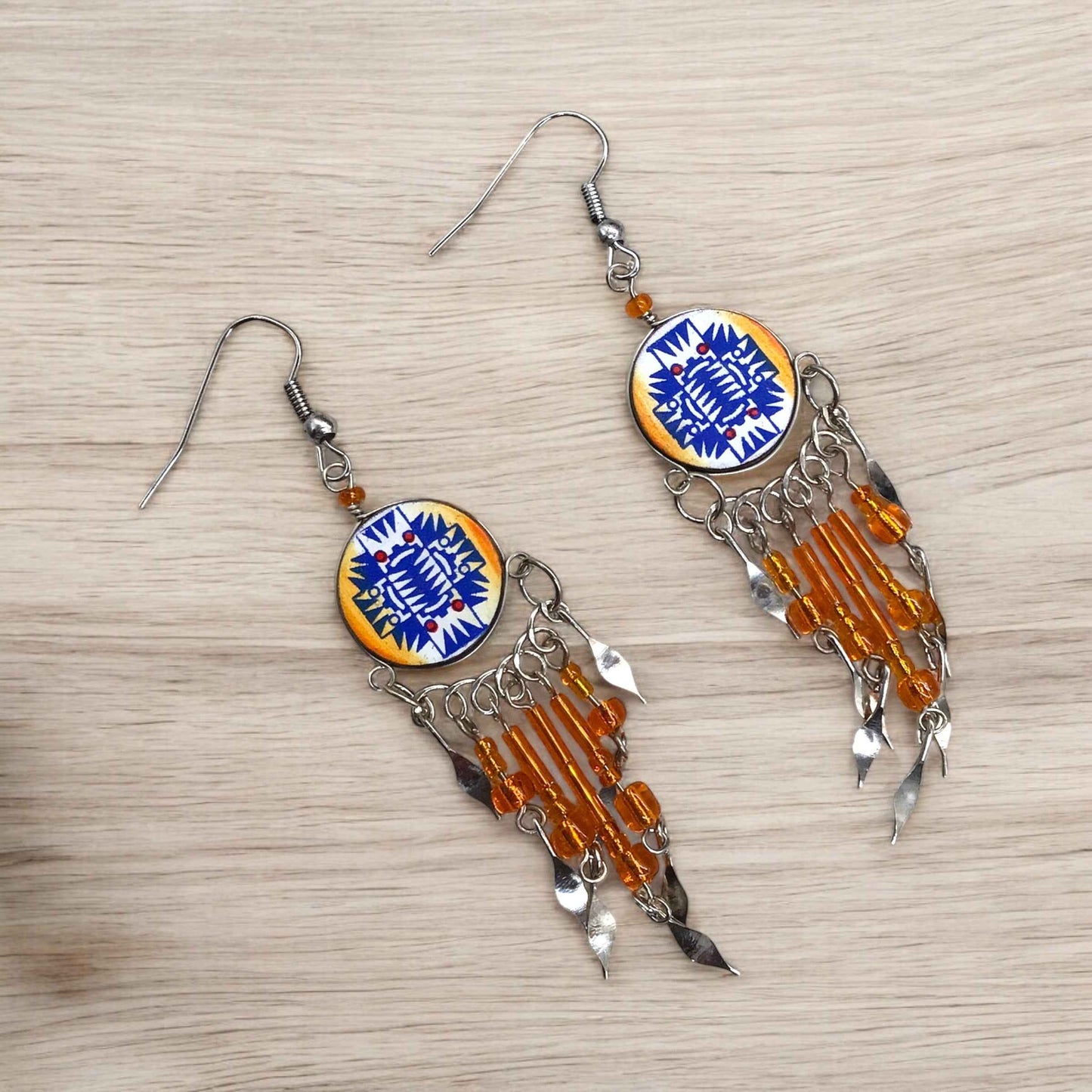 Orange and Blue Southwestern Round Shaped Dangle Earrings