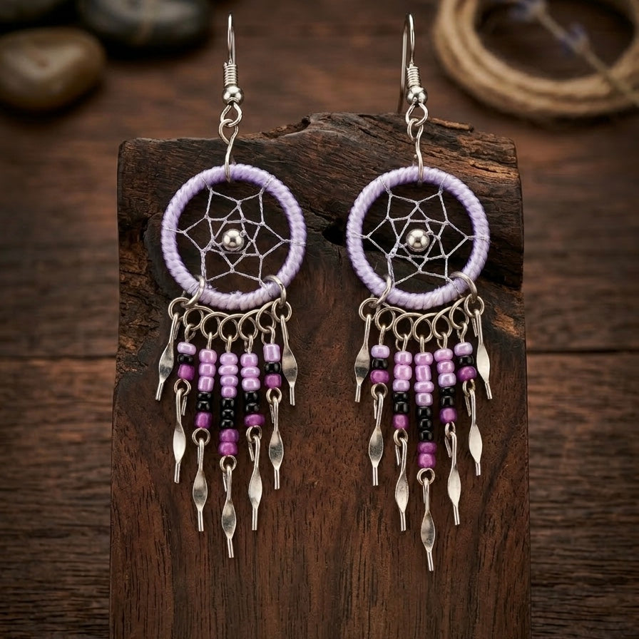 Light Purple Beaded Dreamcatcher earrings