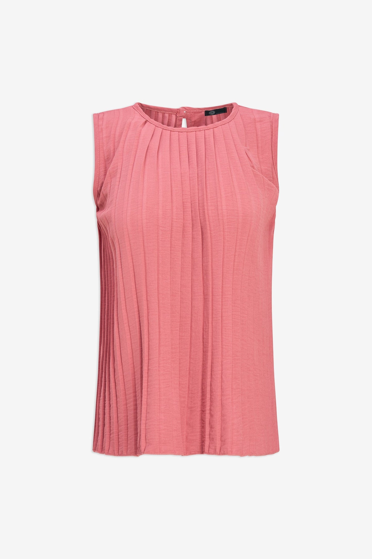 Women's Woven Crew-Neck Sleeveless Pleated Top, with a Button Closure At The Back Collar