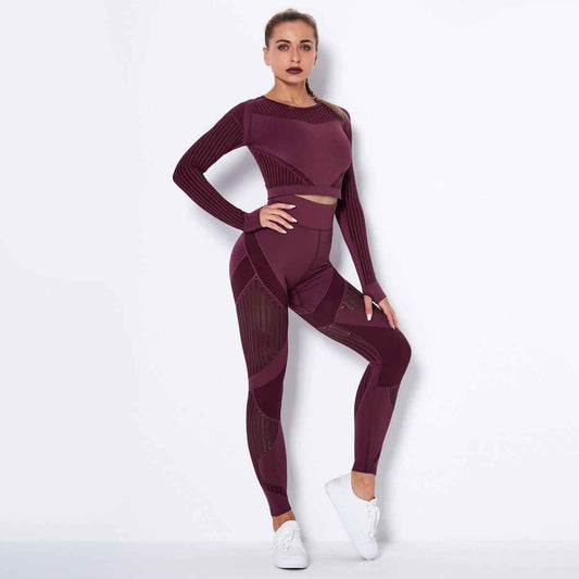 Women’s Seamless Knitted Long-Sleeve Yoga Set – Absorbent Workout Activewear