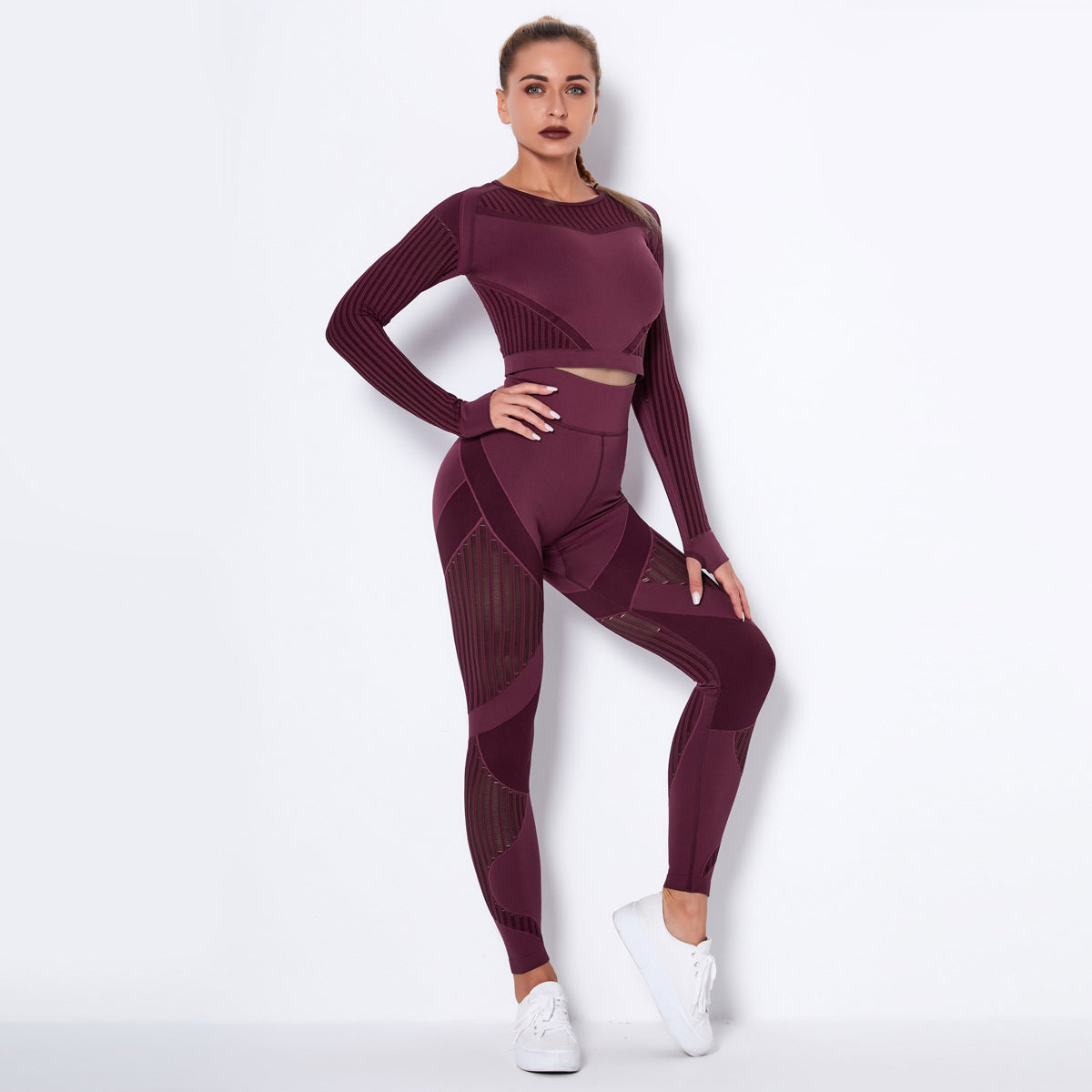 Women’s Seamless Knitted Long-Sleeve Yoga Set – Absorbent Workout Activewear