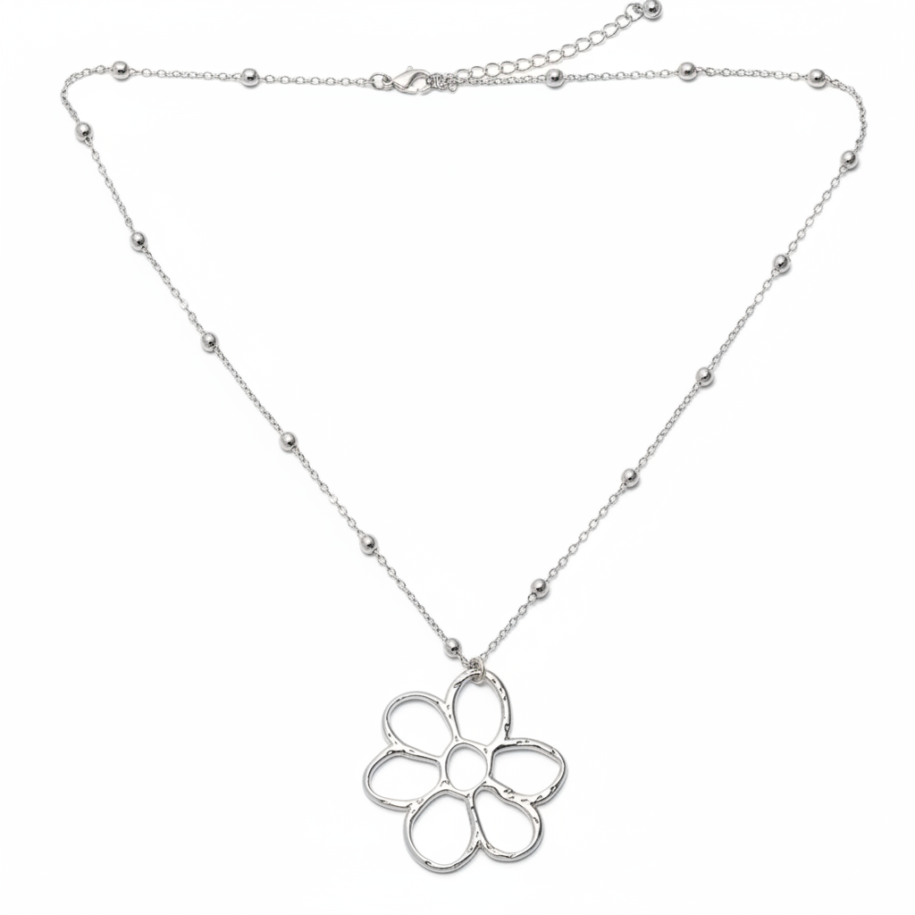 Open Flower Pendant On Ball Chain - Silver Plate