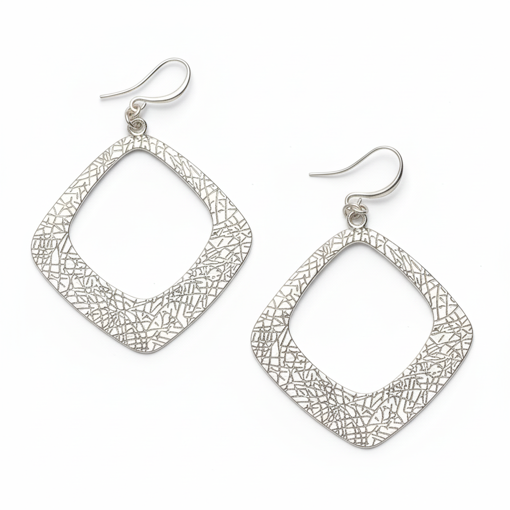 Textured Diamond Shaped Earrings - Silver Plate