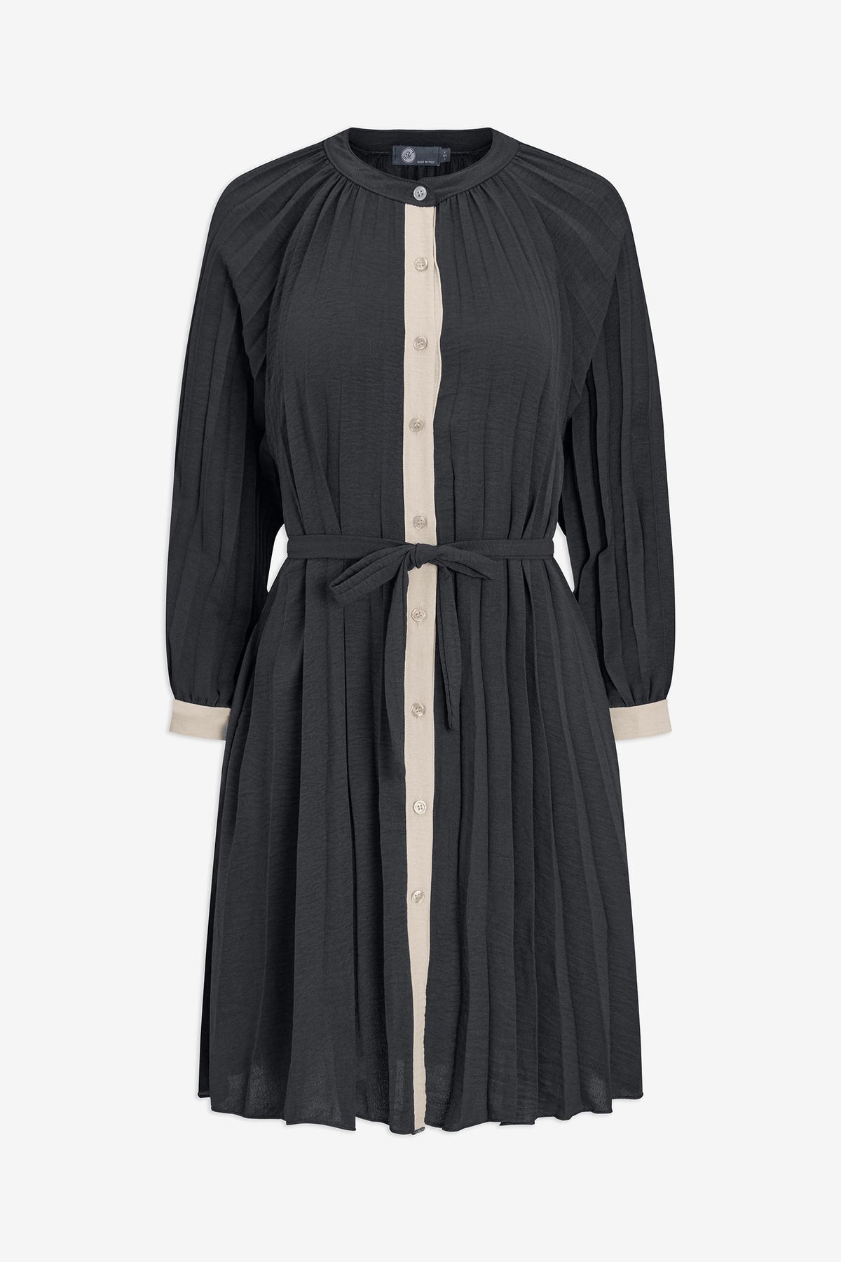 Women's Woven Color-Blocked Pleated Button-Down Dress, with Long Raglan Sleeves & a Removable Belt