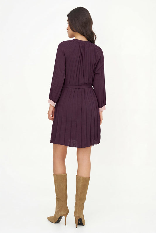 Women's Woven Color-Blocked Pleated Button-Down Dress, with Long Raglan Sleeves & a Removable Belt