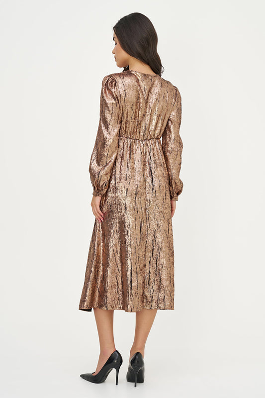 Women's Woven Fixed Crossover V-Neck Dress with Long Sleeves