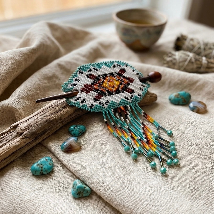 Fringed Beaded Barrette & Wooden Stick Turtle