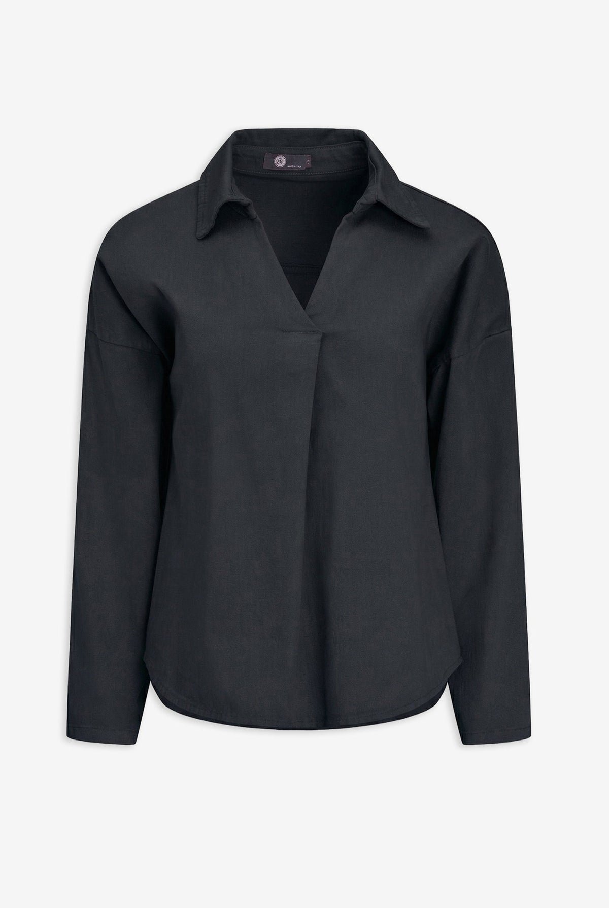 Women's Woven Long Sleeve Tunic, with a V-Neck Front & Shirt Collar. As Well As a High-Low Scooped Hemline