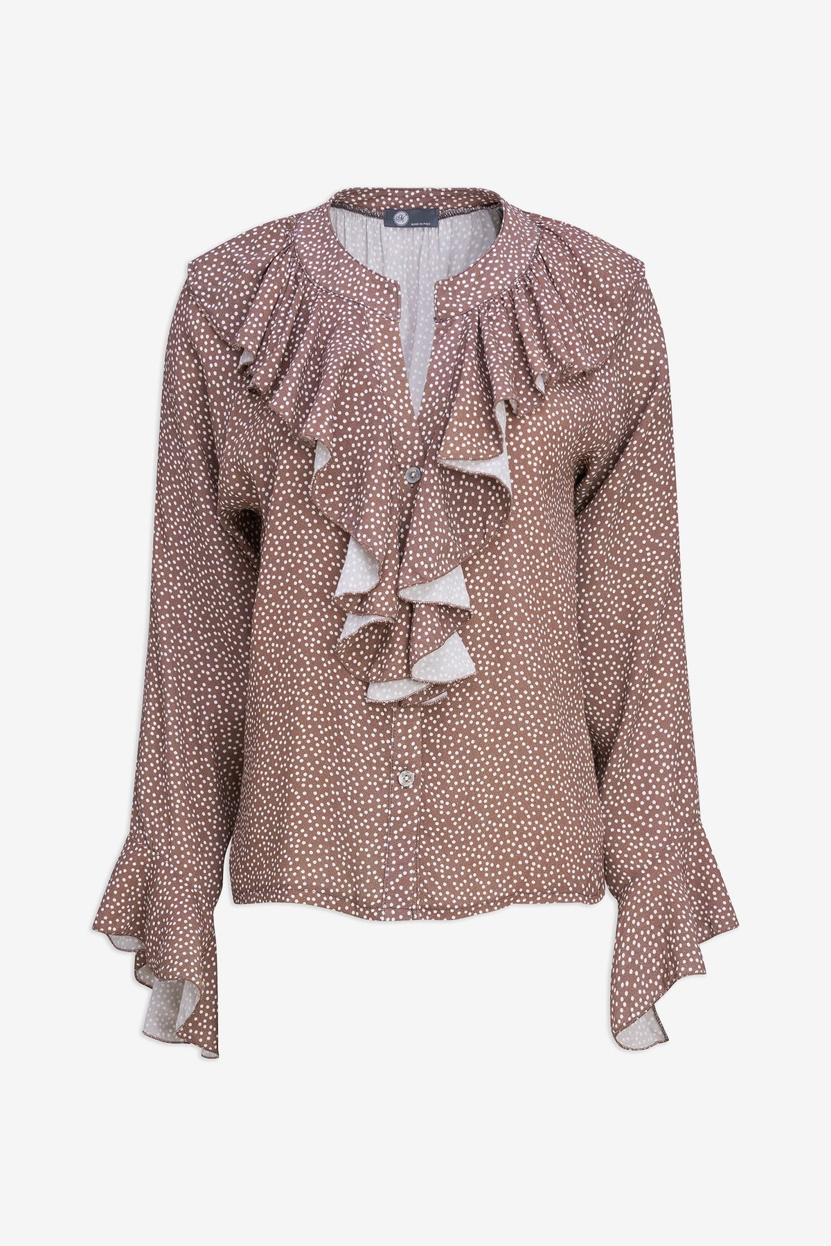 Women's Printed Button-Down Shirt with Ruffled Front, Collar & Cuffs