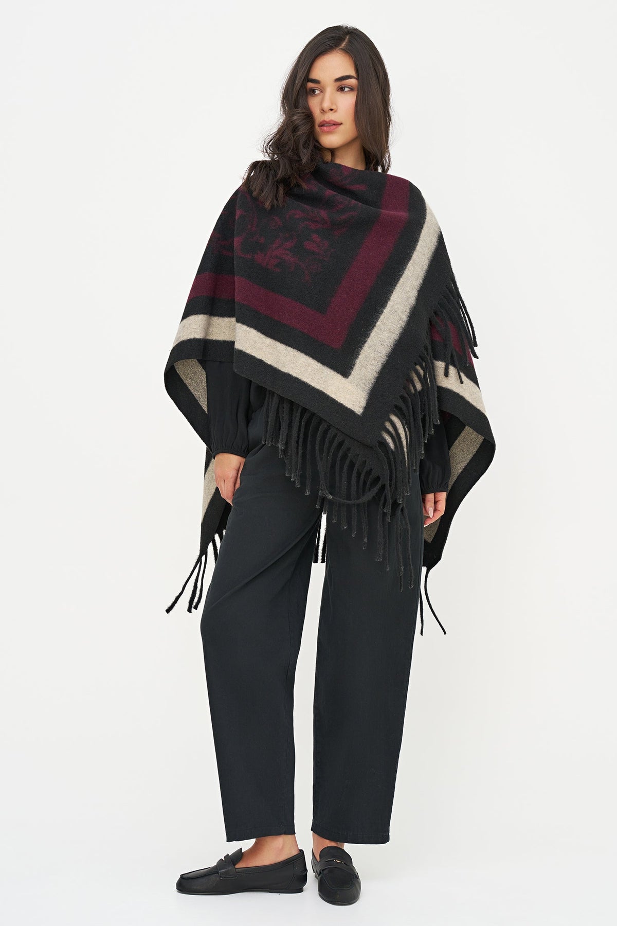 Women's Woven Printed Poncho with Fringe Detailing At The Hemline