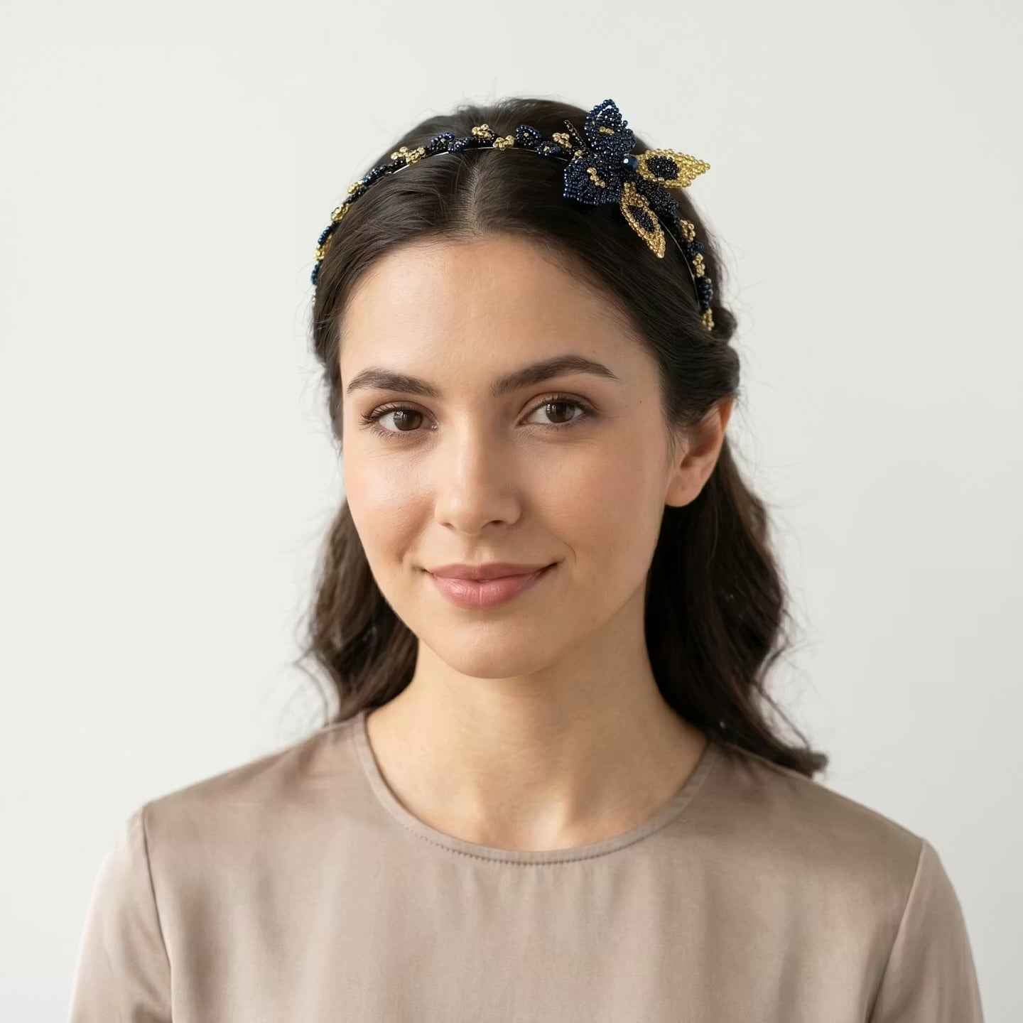 Beaded Headband with Butterfly Blue