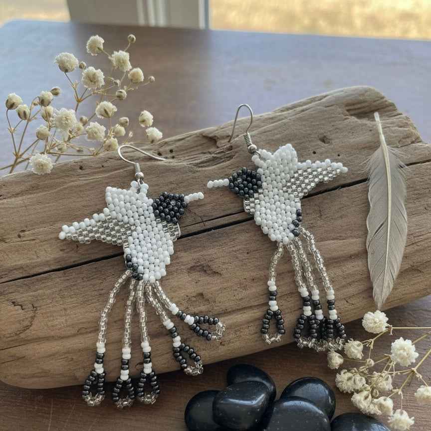 Handmade Beaded Hummingbird Earrings โ white and black