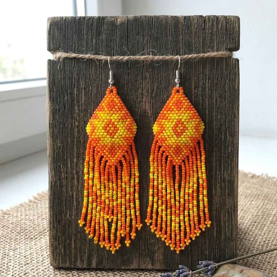Fringe Bead Drop Earrings (Orange)