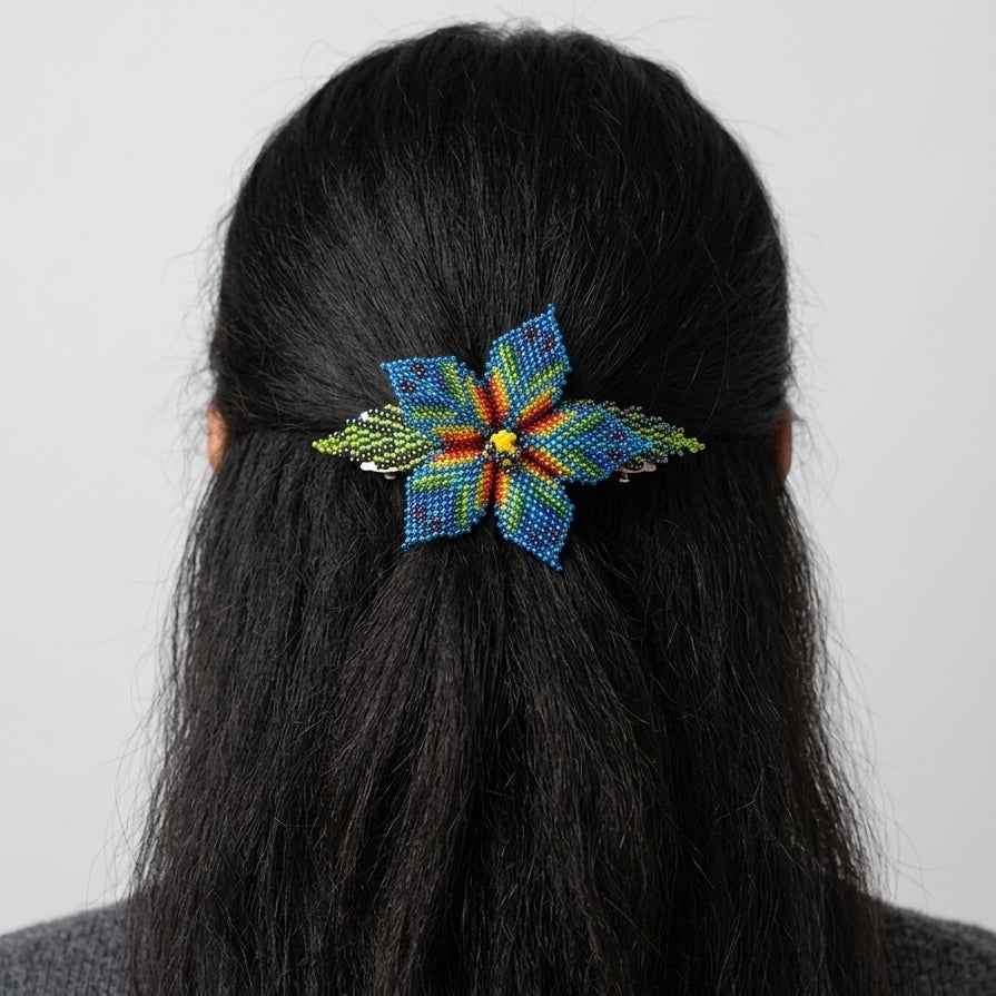 Blue Ember Bloom Beaded Hair Barrette
