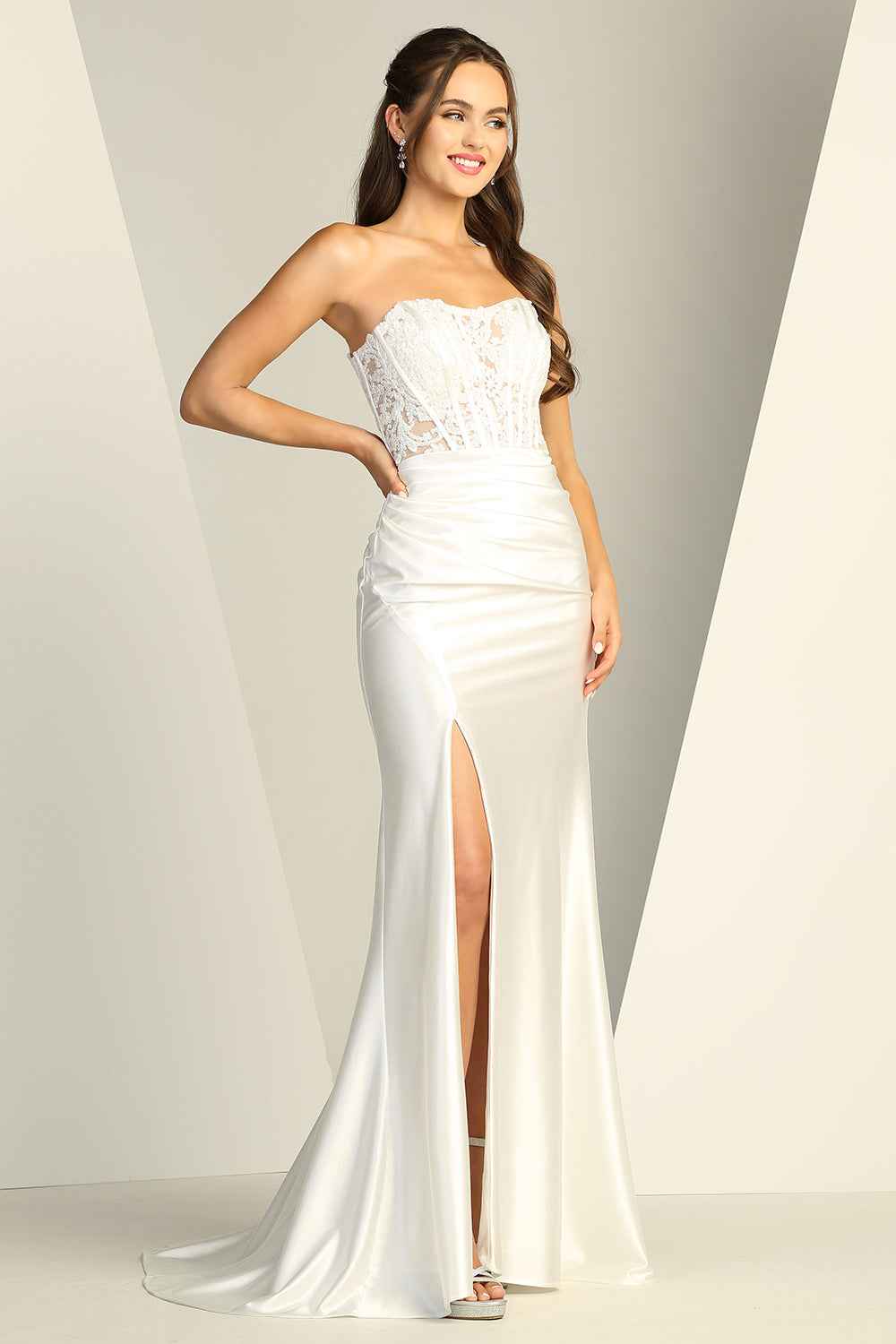 Fitted strapless sheer lace corset dress
