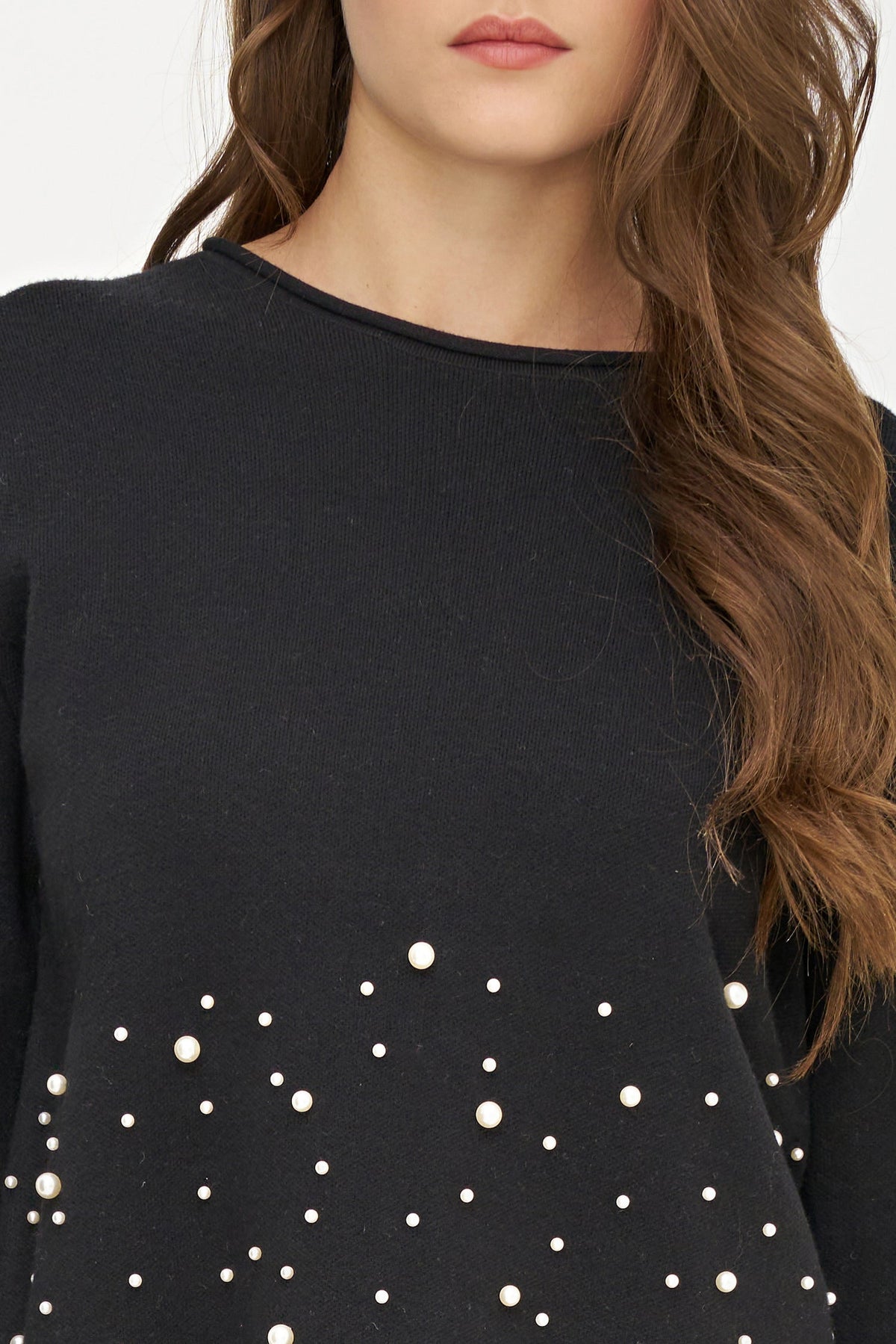 Women's Knit Crew-Neck Sweater, Long Sleeves & Pearl Details