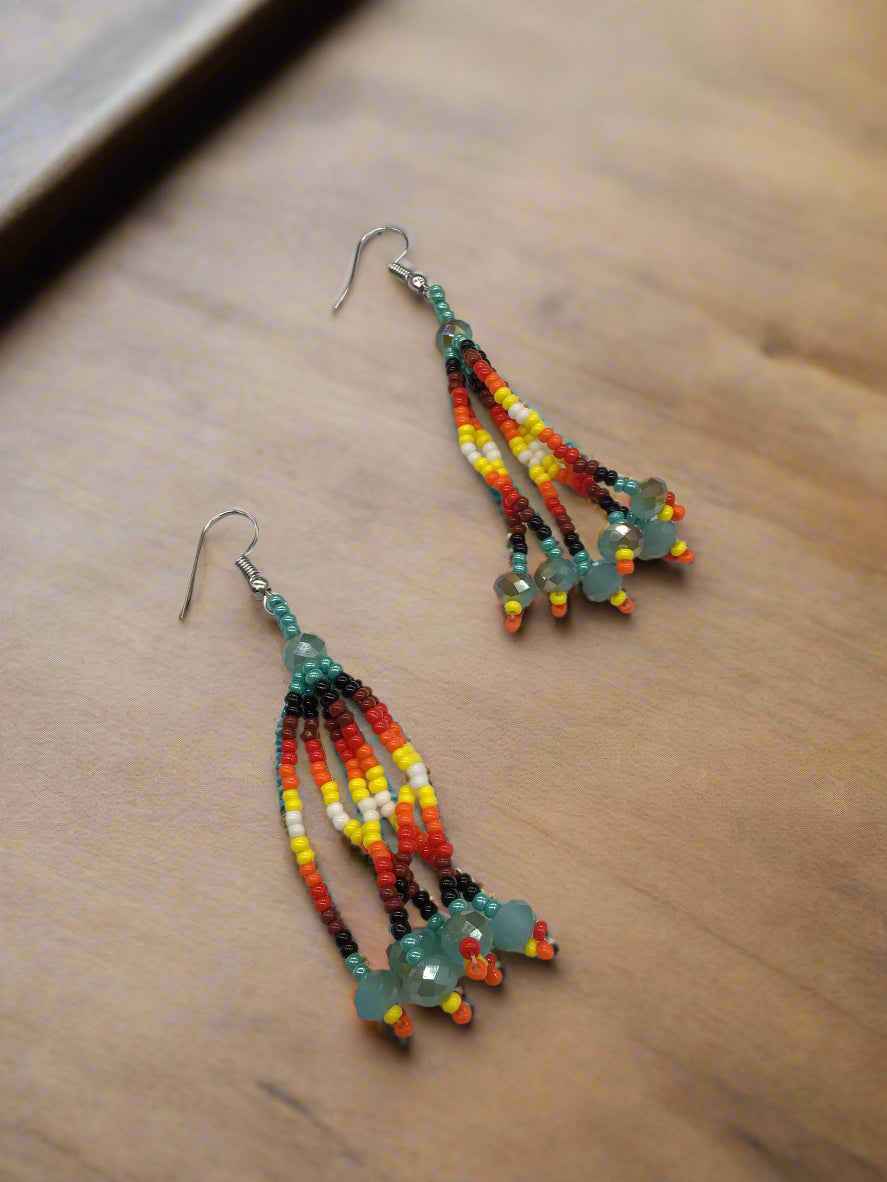 Turquoise Six-Strand Beaded Cascade Earrings