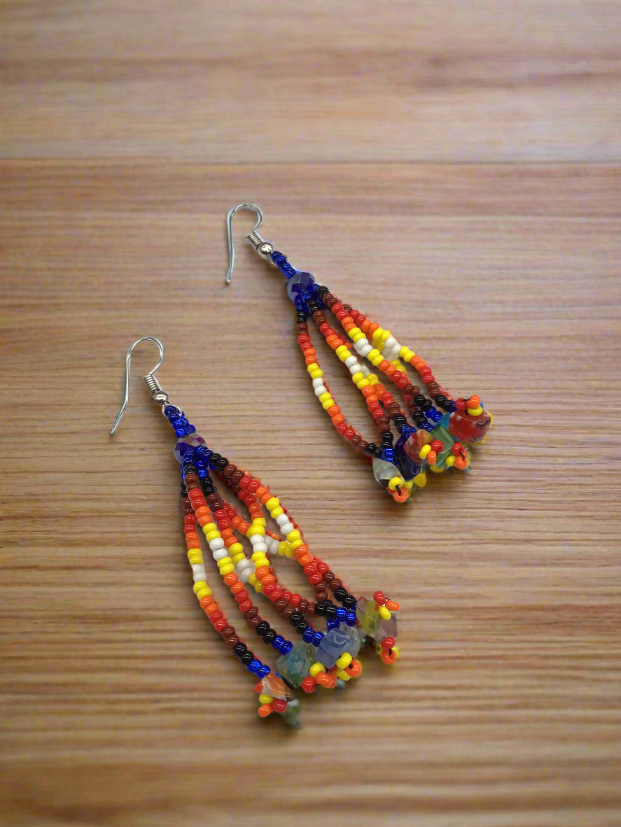 Dark Blue Six-Strand Beaded Cascade Earrings
