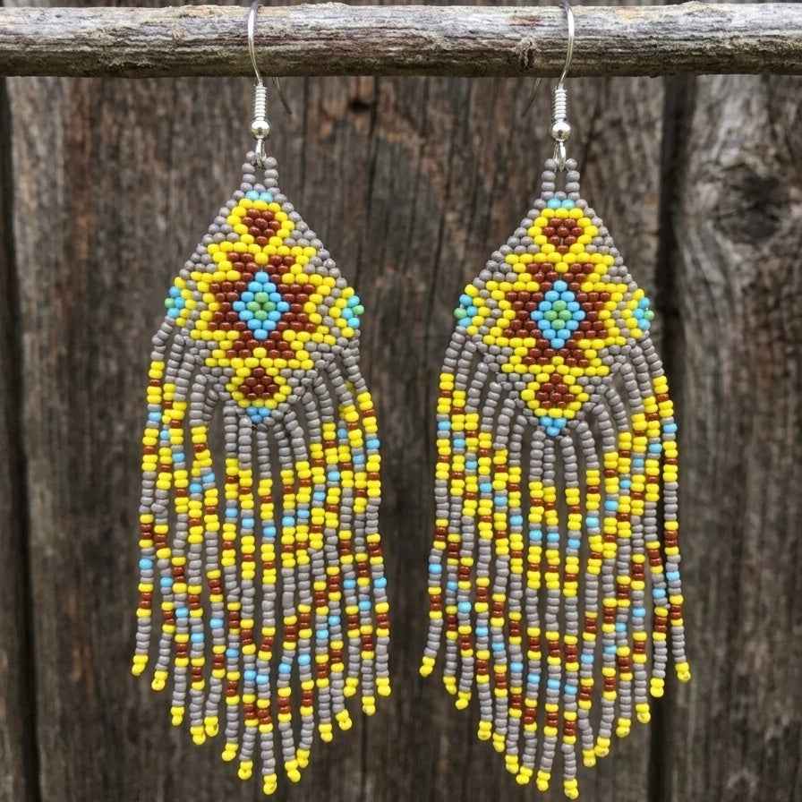 Fringe Bead Drop Earrings (Grey)