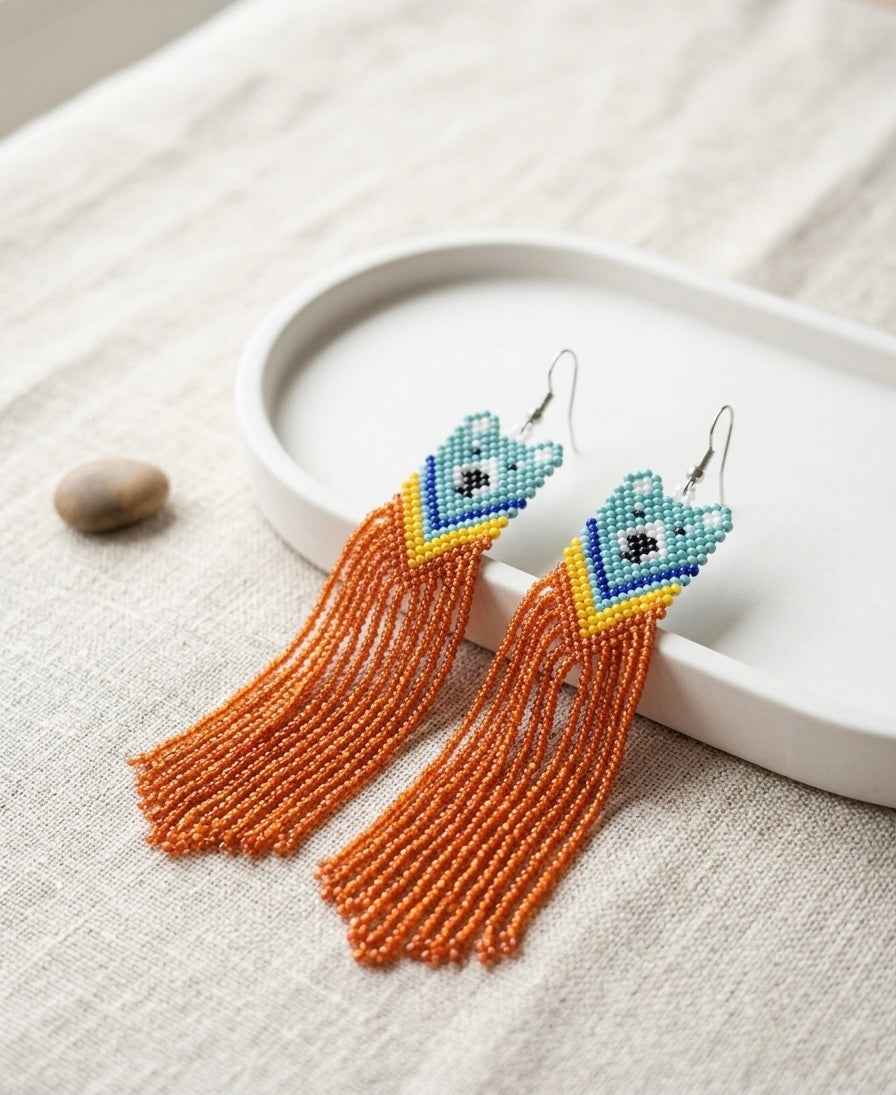 Blue - Orange Native Bear Beaded Earrings