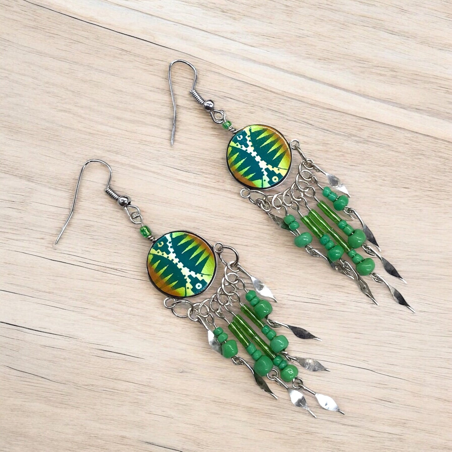 Green and Yellow Southwestern Round Shaped Dangle Earrings