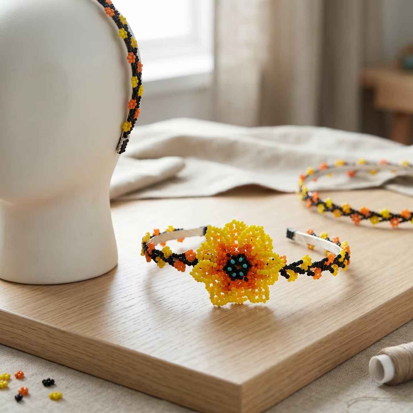 Beaded Headband with Flower Yellow