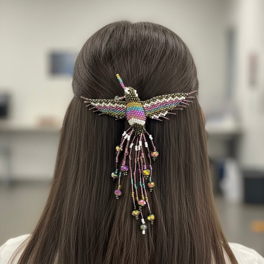 Purple / white Hummingbird Barrette with Fringes