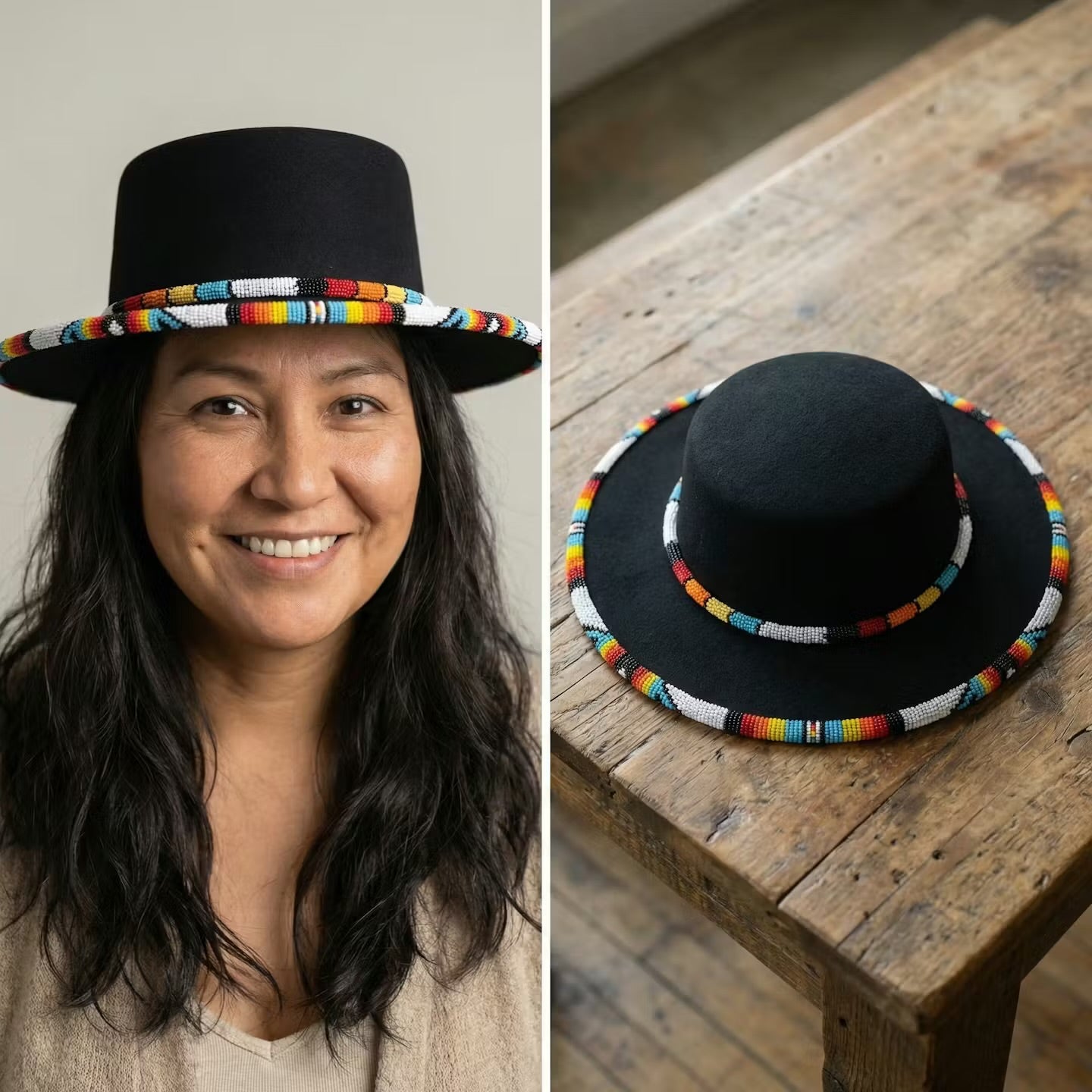 Size-60 Beaded Flat-Brim Felt Hats