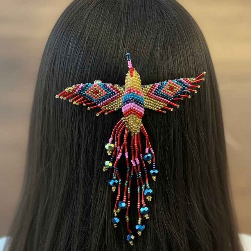 Red and gold Hummingbird Barrette with Fringes