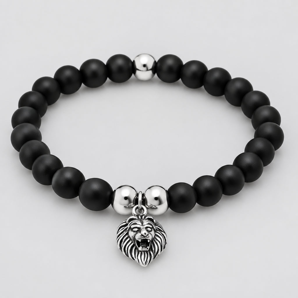 Men’s Black Lava Stone Beaded Bracelet with Stainless Steel Lion Head Charm Biker Bracelet