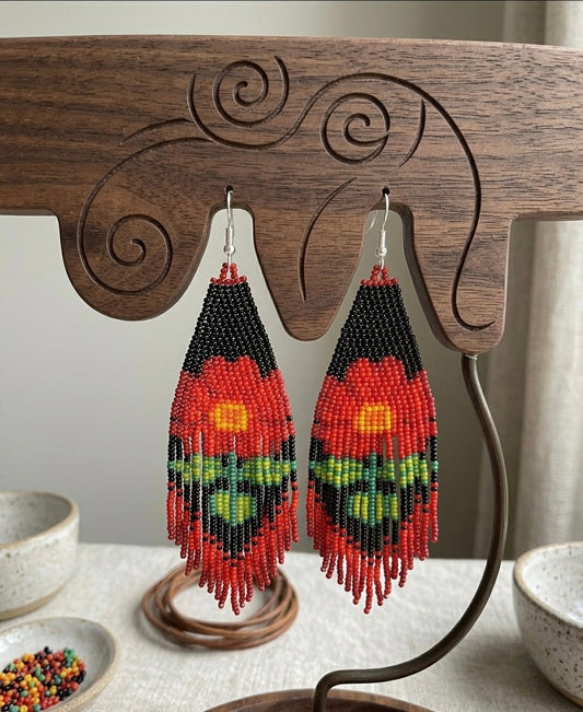 Flower Beaded Earrings ( Red )
