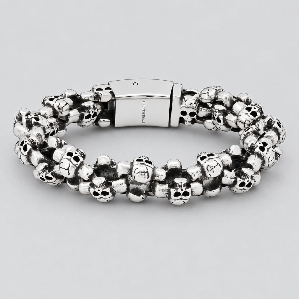 Men’s Stainless Steel Multi-Skull Link Bracelet. Heavy-Duty Biker Jewellery