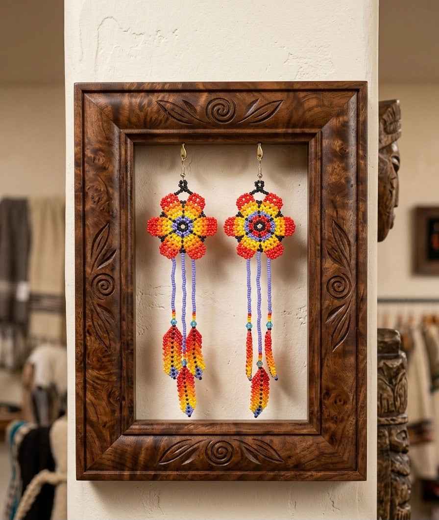 Sun Feather Bloom Beaded Earrings- red/orange/yellow