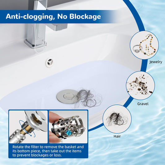 Hibbent Upgraded 3 in 1 Bathroom Sink Drain Strainer, Universal Pop Up Stopper with Removable Stainless Steel Filter Basket Hair Catcher, Sink Plug for 1.1''~2.36'' Basin, Brass Bullet Core, Chrome 🍁 All In One Marketplace Canada