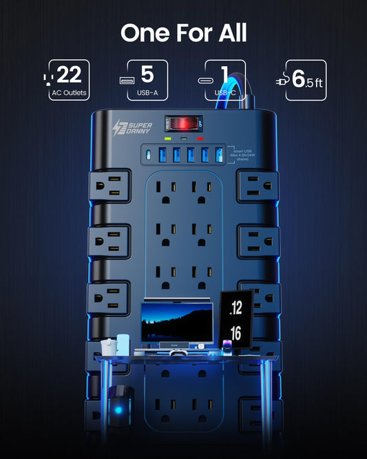 SUPERDANNY Surge Protector Power Bar with 6 USB Charging Ports, Mountable Flat Plug Power Strip, 22 Widely-Spaced Outlets, 2100 Joules, 6.5Ft Heavy Duty Extension Cord for Home, Office, Dorm, Black 🍁 All In One Marketplace Canada