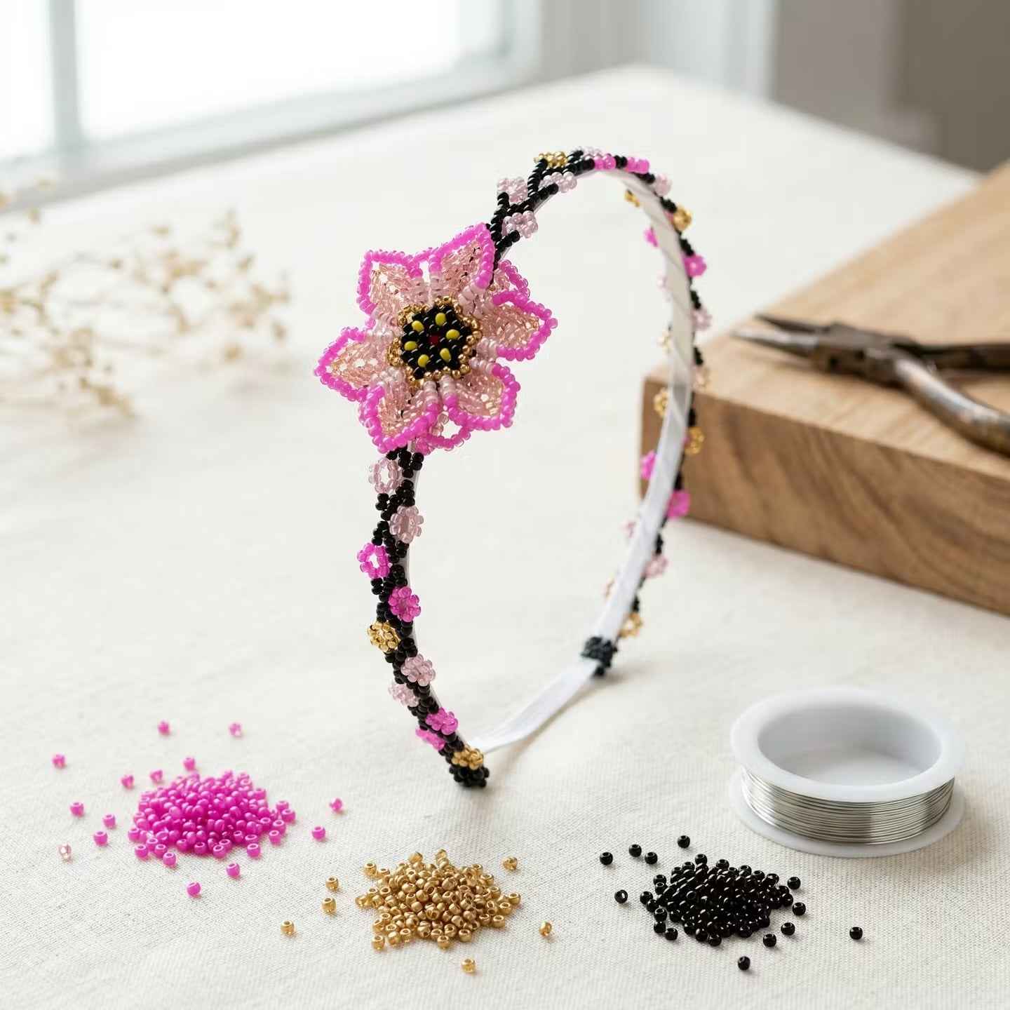 Beaded Headband with Flower Pink