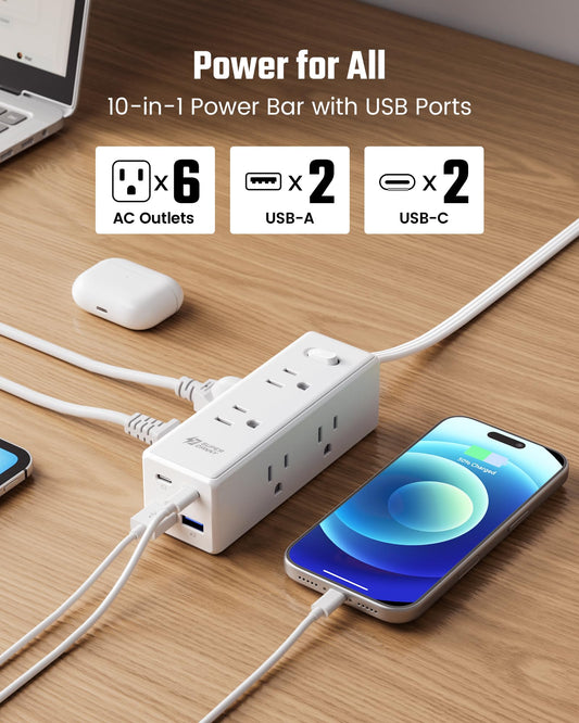10 Ft Extension Cord, Surge Protector Power Bar with 6 Outlets & 4USB Ports (2 USB 2 C), Mountable Flat Plug Power Strip, Surge Protection for Home, Office, Dorm 🍁 All In One Marketplace Canada