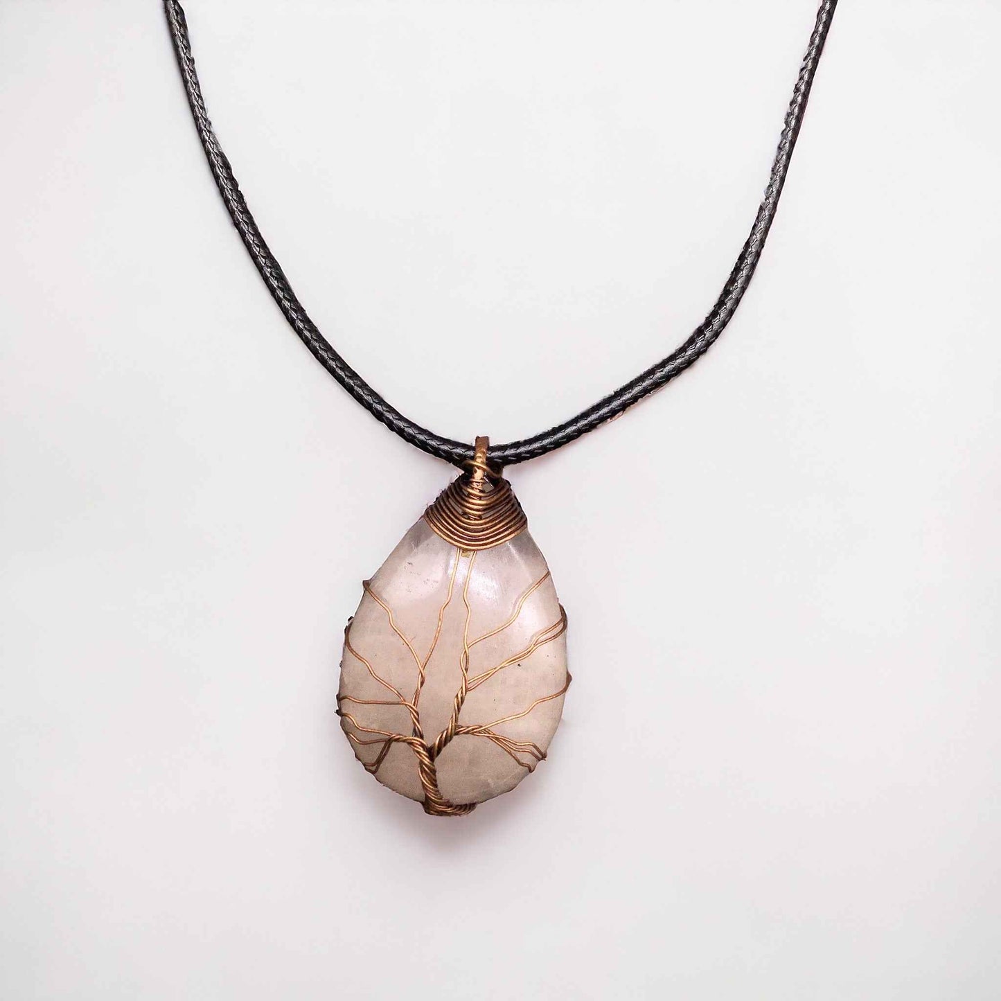 Light pink Gemstone Pendant Wrapped w/ bronze Tree of Life