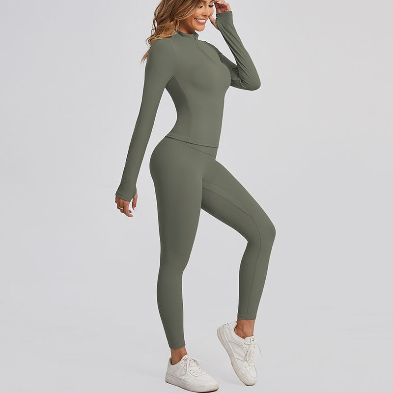Women’s Solid-Color Zipper Workout Set – Tight-Fit Pilates & Yoga Activewear