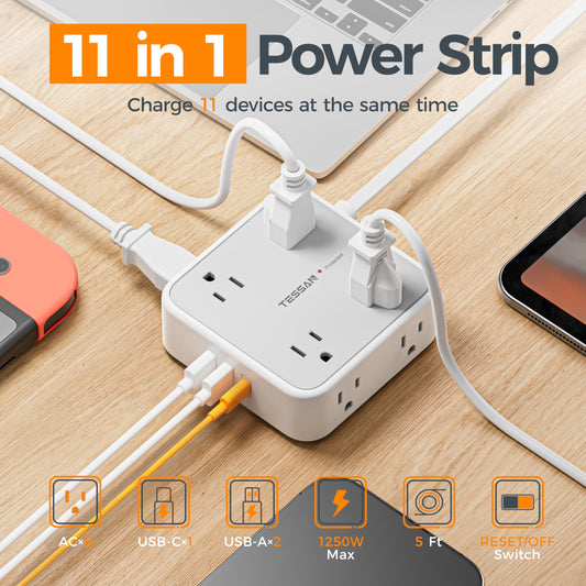 Flat Plug Power Bar, TESSAN 5 Ft Extension Cord Indoor with 8 Multi Outlets and 3 USB (1 USB C), Surge Protector Power Strip, Wall Mount Charging Station for Home Office Dorm, Gray 🍁 All In One Marketplace Canada