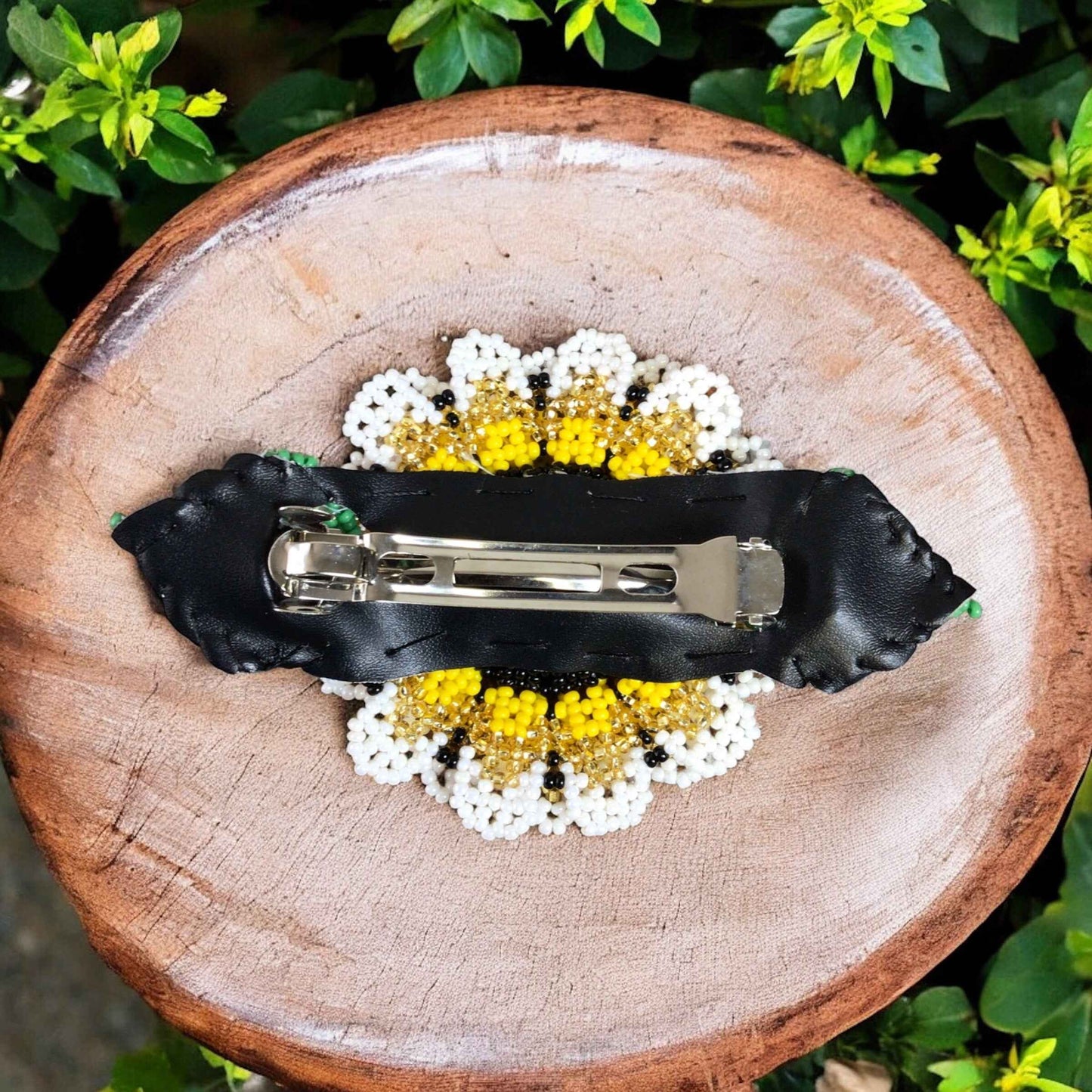 Handmade Beaded Sunflower Hair Clip- White and grey