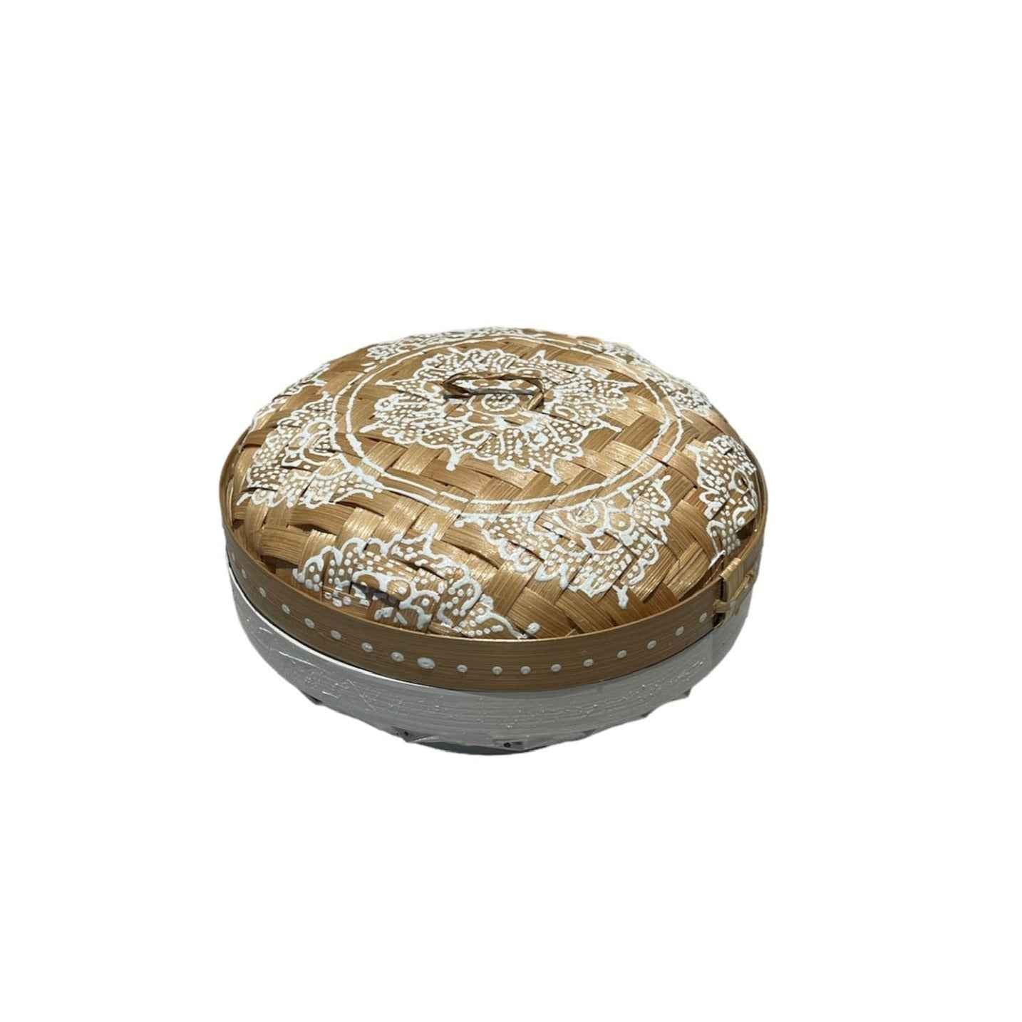 White Round Henna Rattan Box